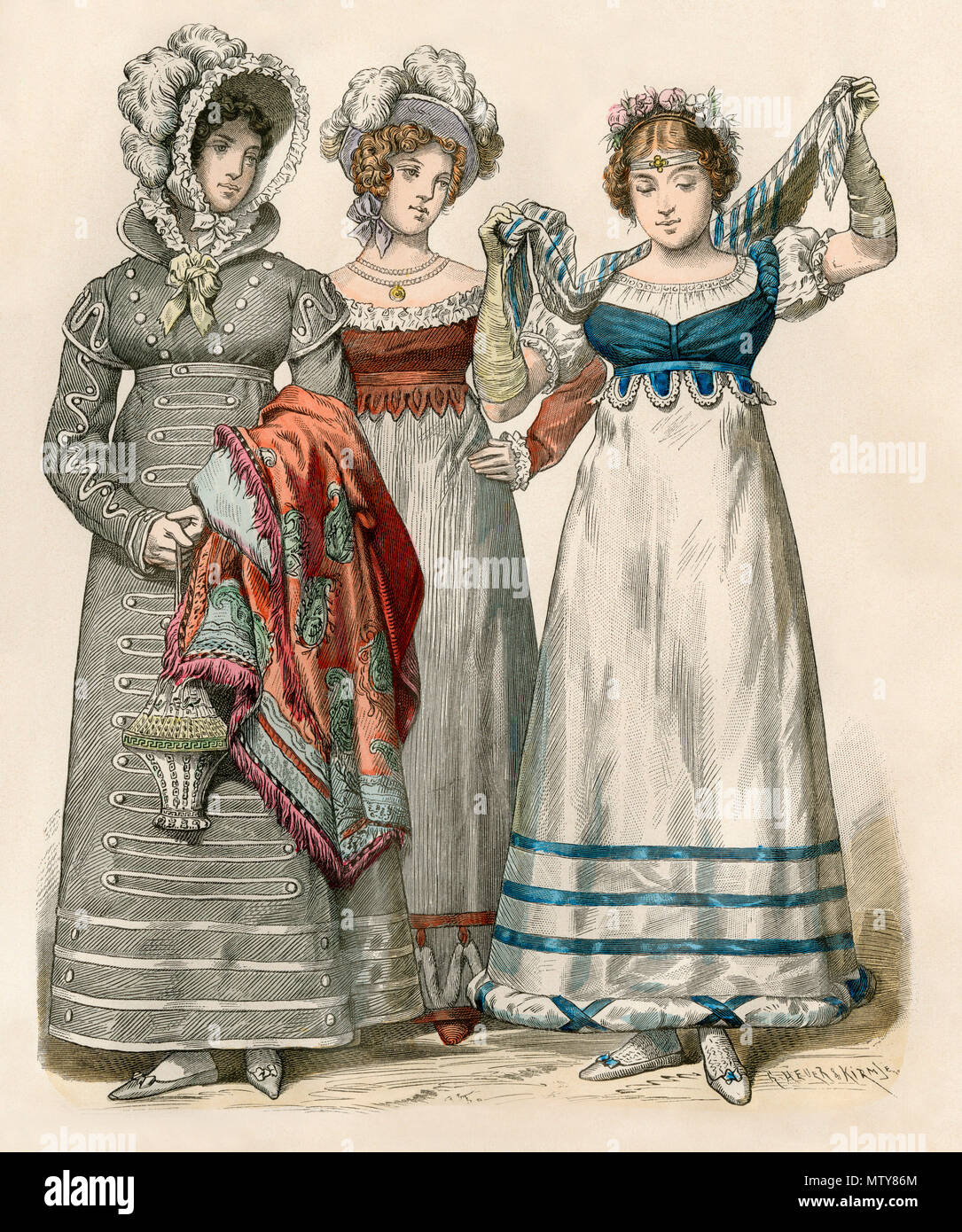 European Women's Fashion von 1818. Hand-farbig drucken Stockfoto