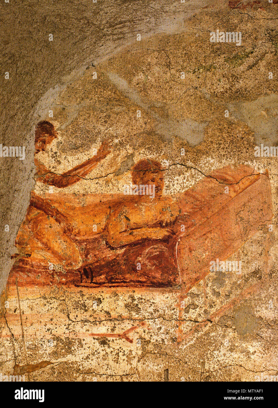 . Englisch: Paar im Bett. Frau in einem tergo Stellung. Fresko von Süden Wand über Eingang zu Raum e im Lupanar in Pompeji. Ca. 70-79 AD. 21. Juli 2010. WolfgangRieger 492 Pompeji - Lupanar - Paar 4 Stockfoto