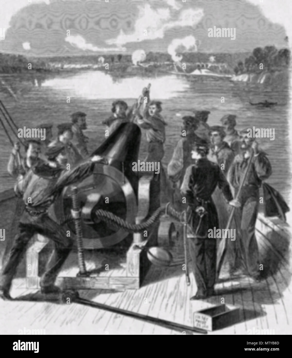 . Englisch: USS Richmond schalen Konföderierte Kräfte am Port Hudson ursprünglich auf dem Cover des Harper's Weekly vom 18. Juli 1863 erschien. Die Beschriftung lesen: Die Bombardierung von Port Hudson - die 100 Pfund parrot Waffe der "Richmond" bei der Arbeit. Durch einen Offizier der Marine skizziert. 18. Juli 1863. "Ein Offizier der Marine 493 Port Hudson naval Guns Stockfoto