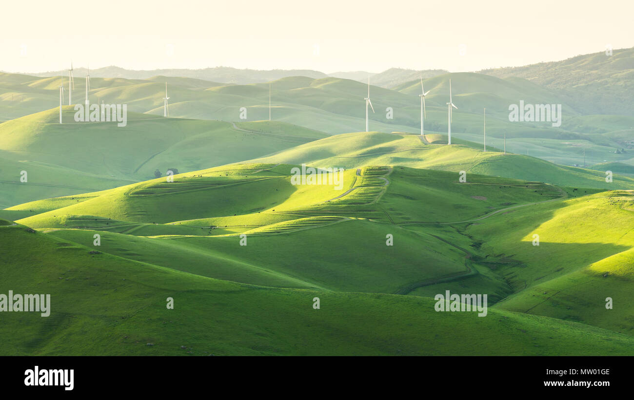 Windturbinen in rollender Landschaft, Brushy Peak, Kalifornien, USA Stockfoto