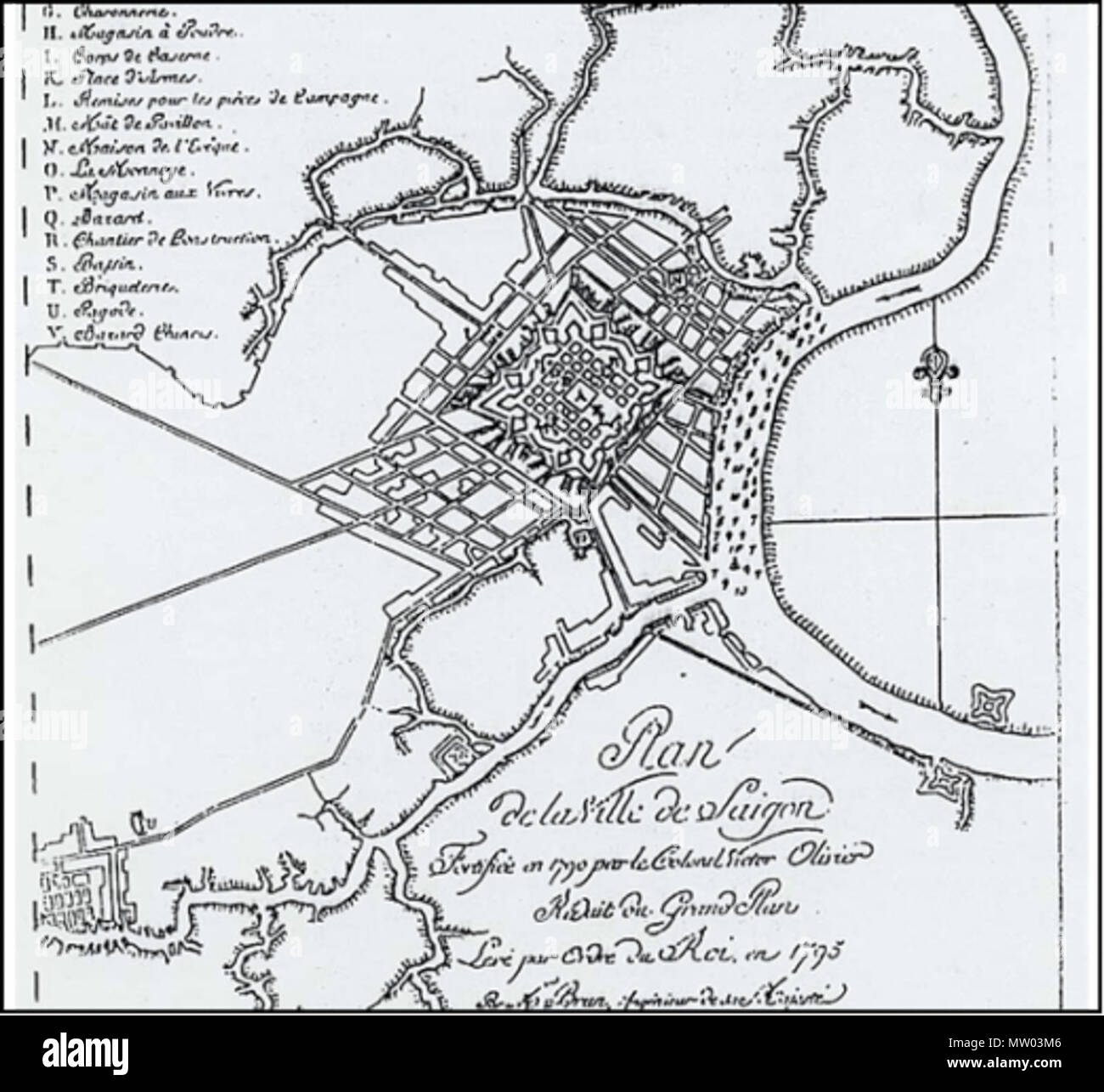 . Tiếng Việt: Gia Định Thành năm 1795 Englisch: Zitadelle von Saigon 1795. 1795 (wie in der Betriebsanleitung Ký ức lịch sử Sài gòn Softwareanwendung về các vùng phụ cận, Vietnam beschrieben: Trẻ Verlag, TP. HCM, 1997.) original Upload Datum: 2008-07-05. Schöpfer war ein französischer Offizier namens Le Brun (wie im Buch Ký ức lịch sử Sài gòn Softwareanwendung về các vùng phụ cận, Vietnam beschrieben: Trẻ Verlag, TP. HCM, 1997.) 486 Plan de la Villa 1795 von Le Brun Stockfoto