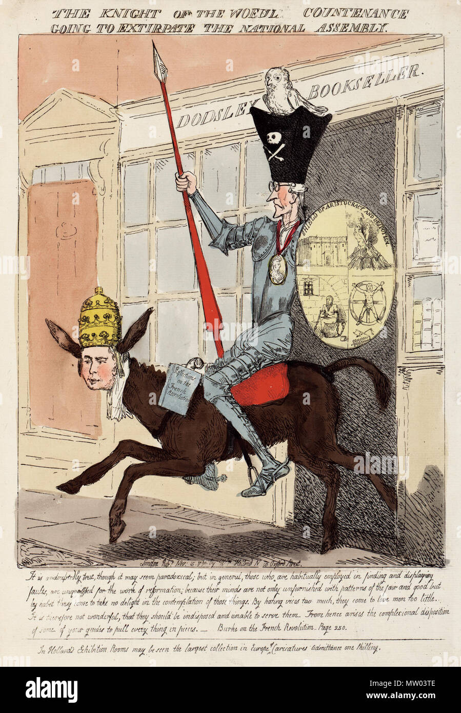 . Der Ritter der traurigen Gestalt, die Nationalversammlung zu extirpate. Drucken zeigt Edmund Burke, wie Don Quixote, Rüstung tragen, mit Lanze und Schild mit der Aufschrift der Abschirmung der Aristokratie und Despotismus", reiten ein Esel, die sich aus den Weg in die "odsley Buchhändler" der Verleger von Burke's "Reflexionen über die Französische Revolution", die aus dem Horn des Sattels hängt. Der Leiter der Esel, der ein menschliches Angesicht hat und trägt den Triple-tiered Krone des Papstes; dargestellt auf dem Schild sind Szenen von Folter und Tod, und ein Blick auf die Bastille. 15. November 1790 343 Ritter der traurigen Stockfoto