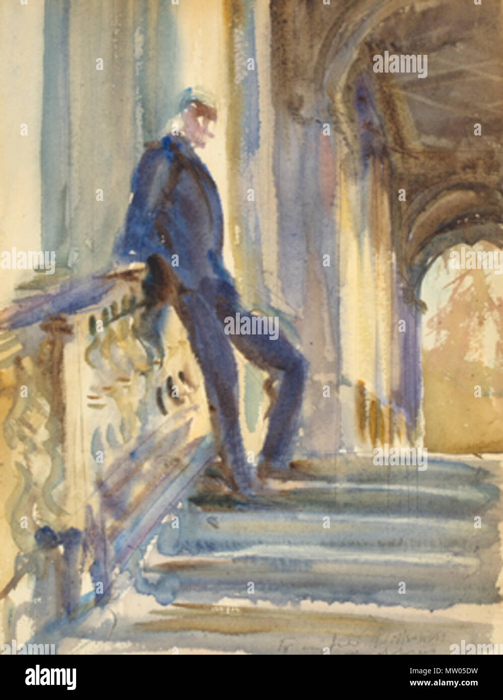 . Englisch: Sir Neville Wilkinson auf den Stufen des Palladianische Brücke bei Wilton House von John Singer Sargent, Aquarell über Graphit, 355 x 254 mm. Zwischen 1904 und 1905. John Singer Sargen 561 Sir Neville Wilkinson auf den Stufen des Palladianische Brücke bei Wilton House Stockfoto