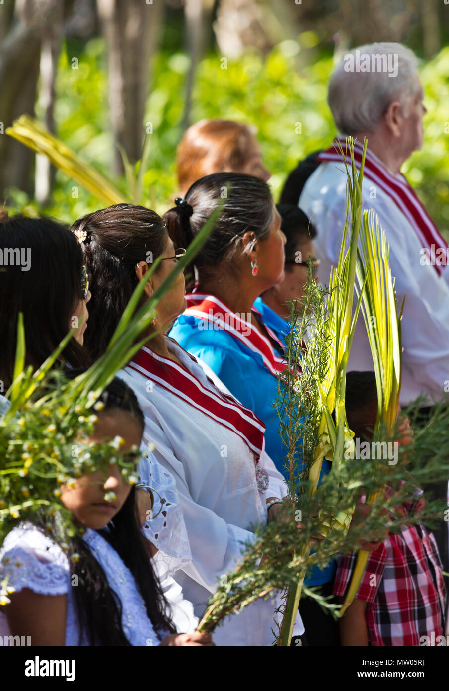 Mexikaner Line up für eine blession zu Beginn der PALMSONNTAG Prozession vom Parque Juarez zum Jardin - San Miguel de Allende, Mexiko Stockfoto