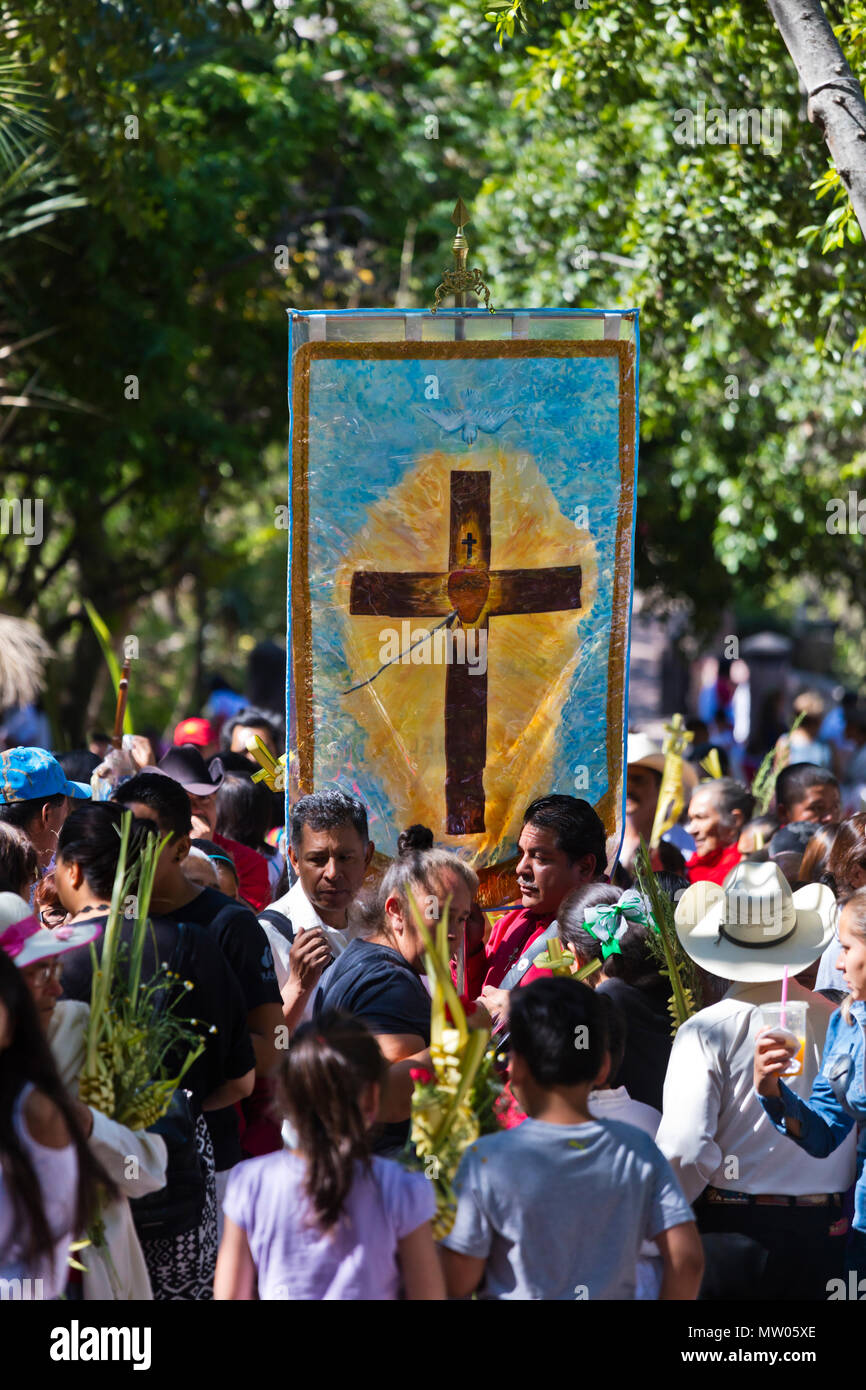 Mexikaner Line-up für einen Segen zu Beginn der PALMSONNTAG Prozession vom Parque Juarez zum Jardin - San Miguel de Allende, Mexiko Stockfoto