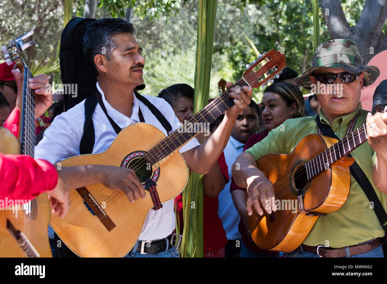 Musiker das Publikum zu Beginn der PALMSONNTAG Prozession vom Parque Juarez zu unterhalten. Der Jardin - San Miguel de Allende, Mexiko Stockfoto