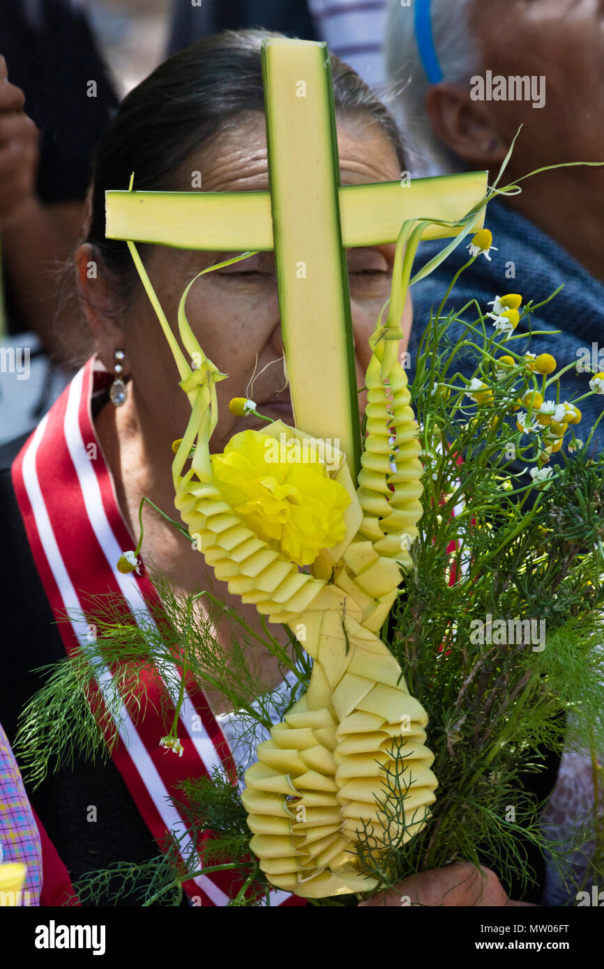 Eine Mexikanerin beteiligt sich an der Palmsonntagsprozession vom Parque Juarez zum Jardin - San Miguel de Allende, Mexiko Stockfoto