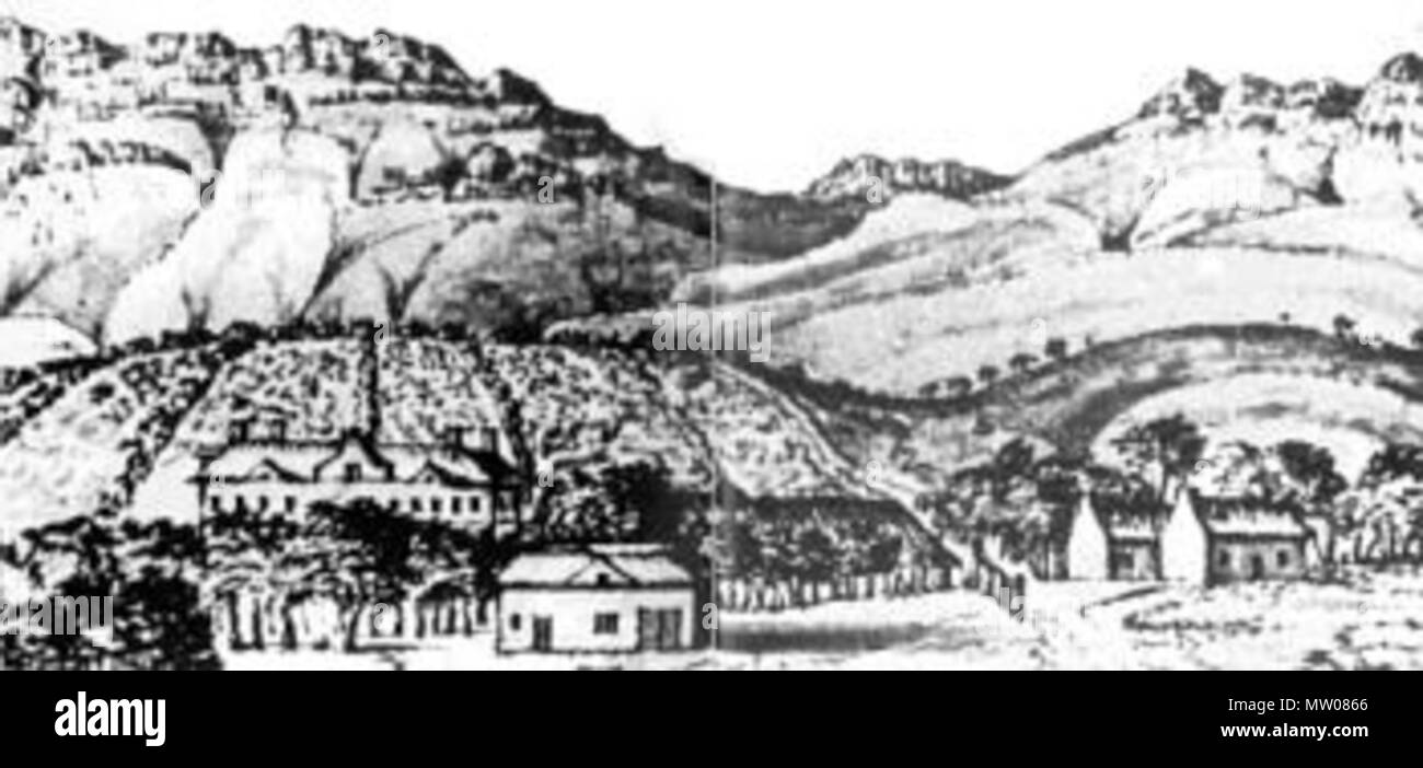 . Nederlands: E. V. Stade. Landgoed Constantia bij Nysna. 1710. Tekening. Nysna, nysna Argiefbewaarplek. Afkomstig uit Http://www.iziko.org.za/sh/resources/slavery/constantia vand e.html. 12. Dezember 2007 (original Upload Datum). Die ursprünglichen Uploader war Vincent Steenberg in der niederländischen Wikipedia 572 Stade Constantia Bezirk Nysna Stockfoto