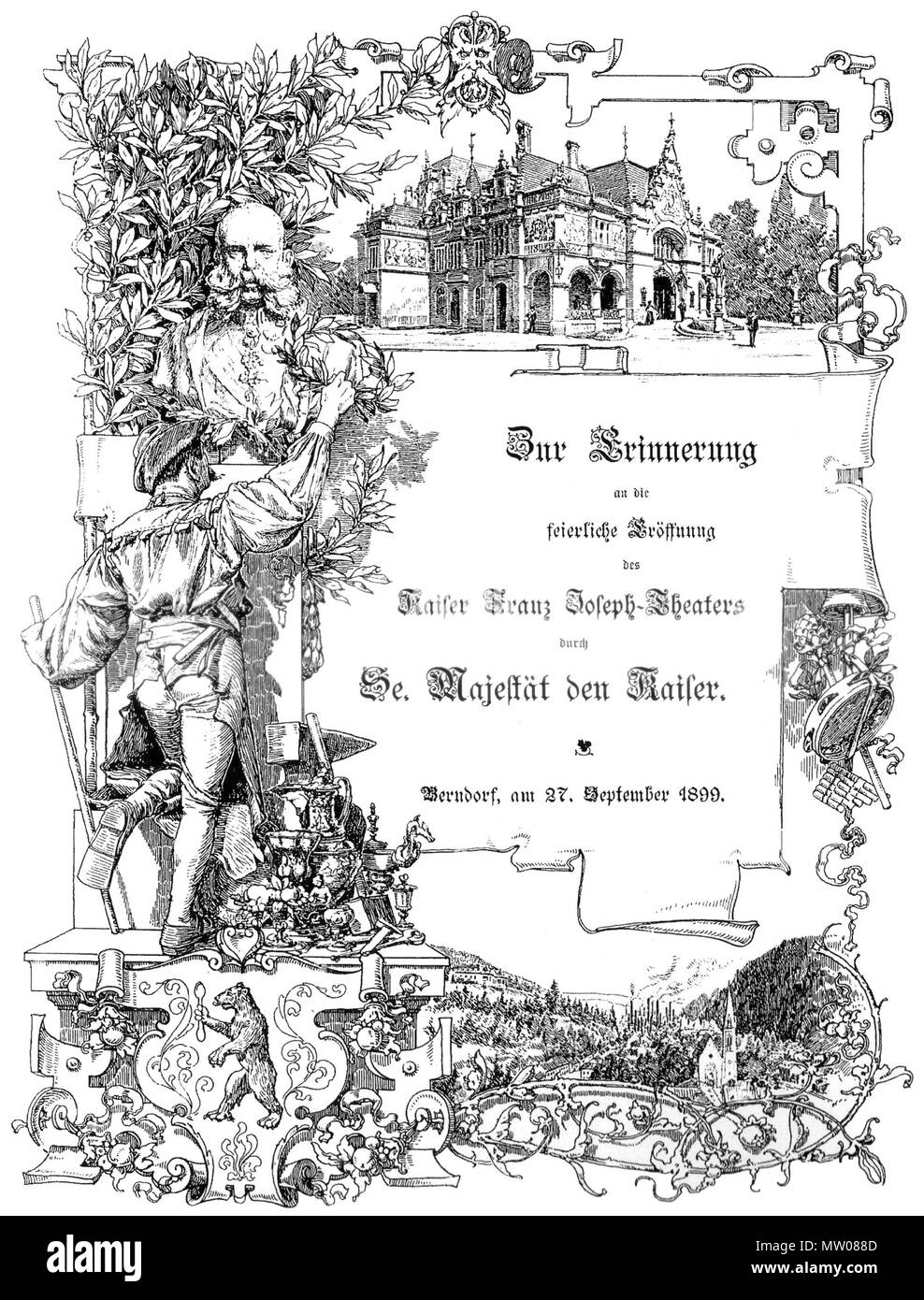 . Englisch: theaterprogramm Für die Leistung im Stadttheater Berndorf, Niederösterreich, als Kaiser Franz Joseph I. das Kaiser-Franz-Joseph Theatre am 1899-09-27 geöffnet. English: Theaterzettel und erste Theateraufführung im Stadttheater Berndorf, Niederösterreich, bin Kaisertag (1899-09-27), als Kaiser Franz Joseph das Kaiser-Franz-Joseph-Theater eröffnete. 27. September 1899. Unbekannt 572 StadttheaterBerndorf Theaterzettel (1899) Stockfoto