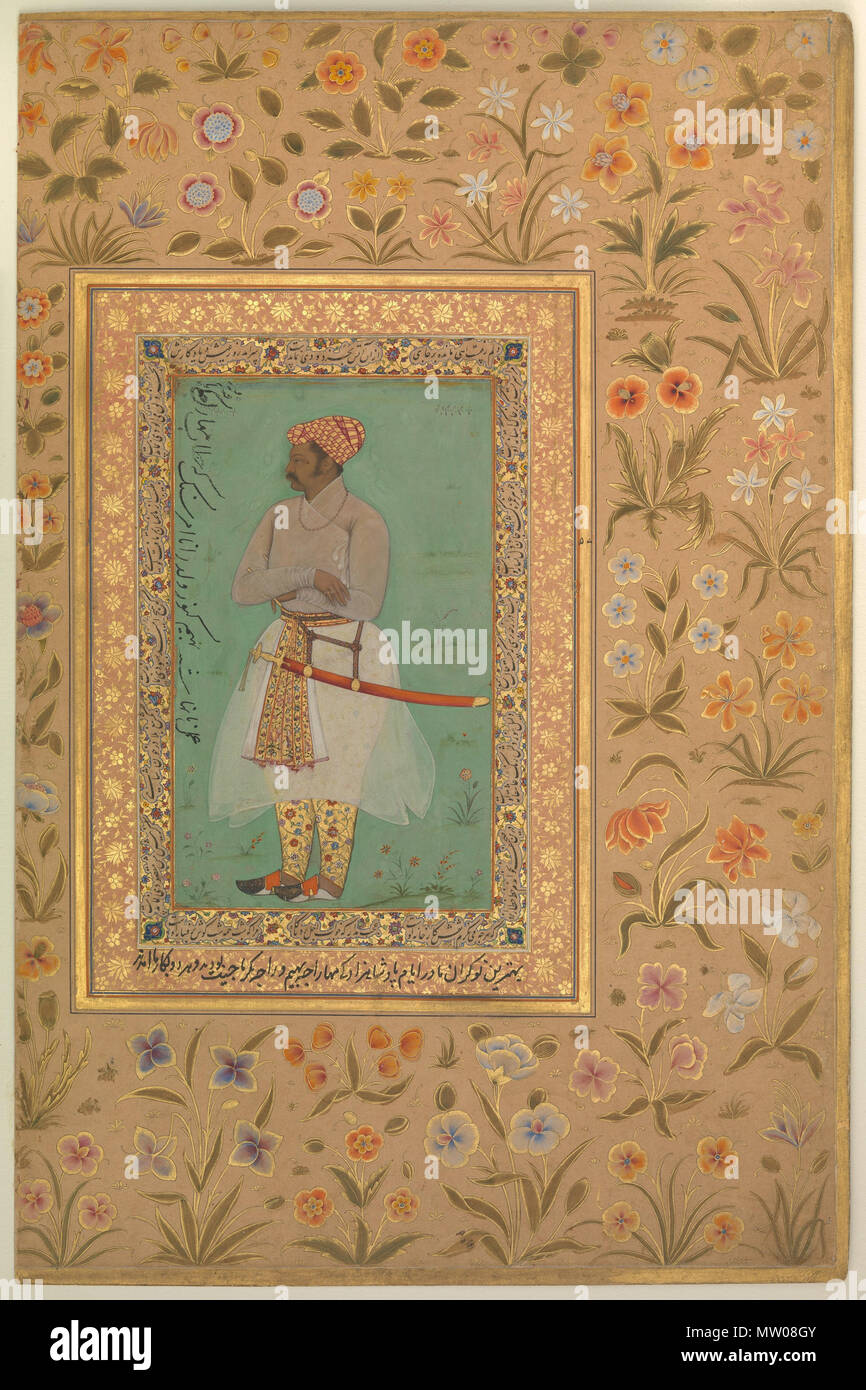 . "Portrait von Maharaja Bhim Kanwar', Folio aus dem Shah Jahan Album Gemälde von Nanha Kalligraph: Mir 'Ali Haravi (d. Ca. 1550) Objekt Name: Album Leaf Herrschaft: Jahangir (1605 - 27), verso Datum: Verso: Ca. 1615 - 29; recto: Ca. 1540 Geographie: Indien Medium: Tinte, opak Aquarell, und Gold auf dem Papier Abmessungen: H.15 cm. (38,7 cm) W. 10 1/16-in. (25,6 cm) Klassifizierung: Codices Kreditlinie: Kauf, Rogers Fund und der kevorkian Stiftung Geschenk, 1955 Beitritt Anzahl: 55.121.10.2 Dieses Kunstwerk wird nicht auf dem Display zu MyMet Signaturen, Beschriftungen hinzufügen, und markieren Stockfoto