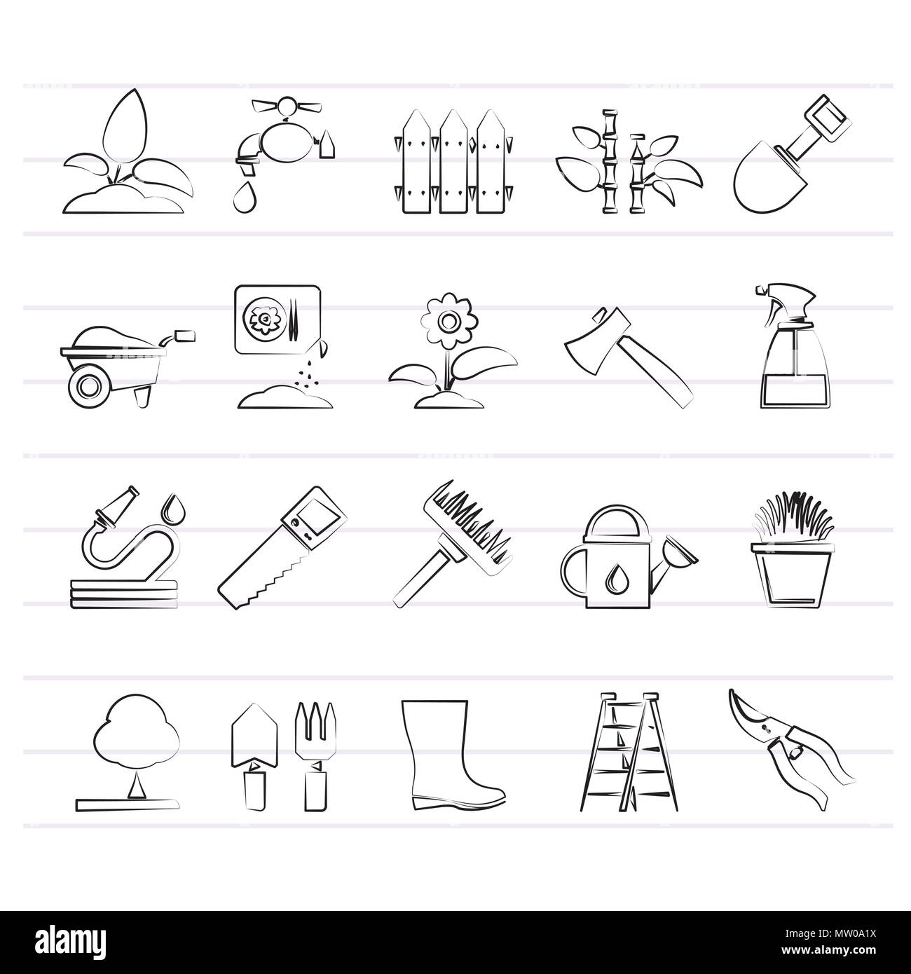 Garten und Gartengeräte Symbole Vektor Icon Set