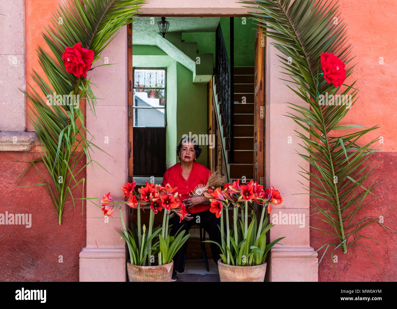 Eine katholische Frau hat ihr Haus entlang der der PALMSONNTAG Prozession vom Parque Juarez Route zum Jardin - San Miguel de Allende, Mexiko eingerichtet Stockfoto
