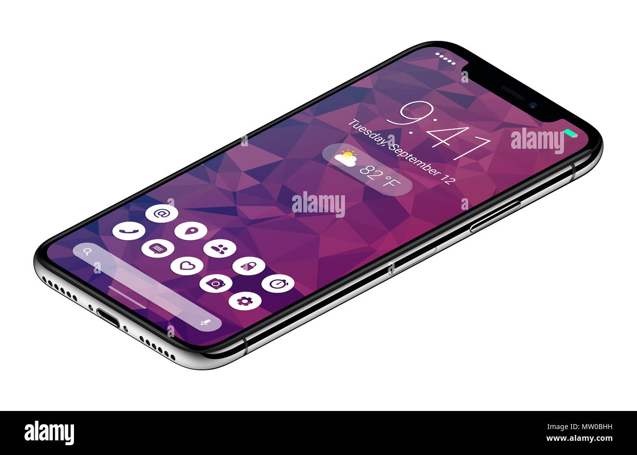 Isometrische Ansicht rahmenlose smartphone Konzept mit Material design Flachbild UI-Oberfläche ähnlich wie Android S. Stockfoto