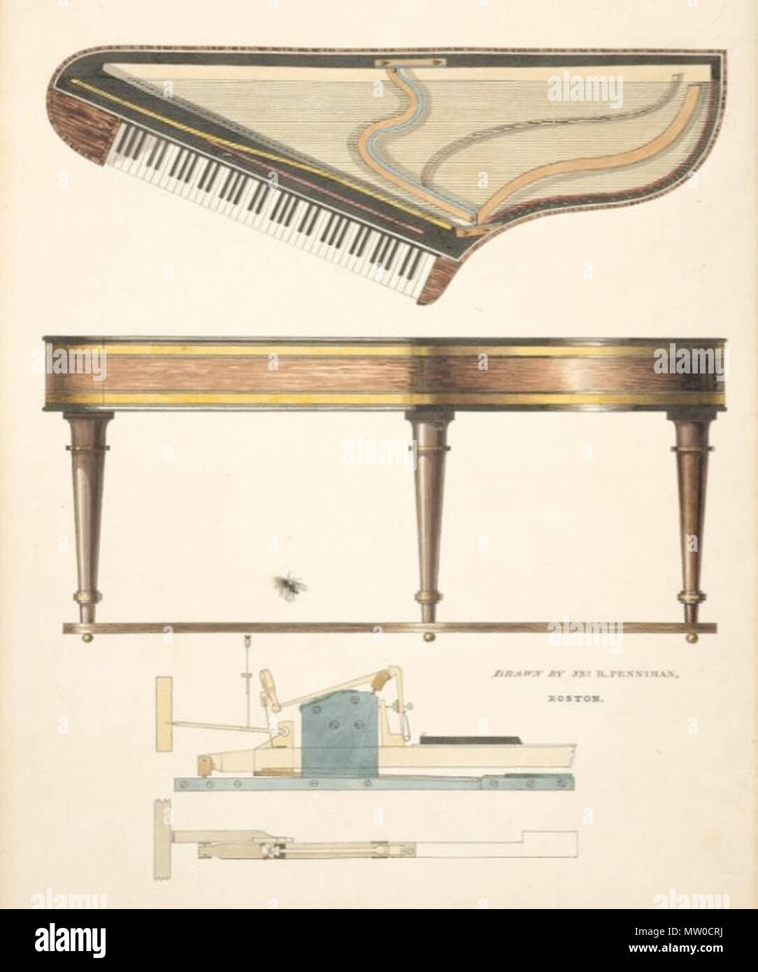 Englisch: Piano in der Form eines Bentside Spinett. Ungefähr 1830. Von John  ritto Penniman, amerikanischen, 1782-1841. Boston, Massachusetts, USA.  Gerahmt: 58,4 x 47,6 cm (23 x 18 3/4 in.). Feder und