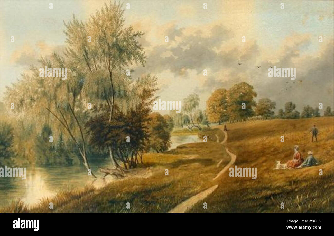 . Picknicken mit ihrem Hund durch einen See von William Frederick Austin. 1887 482 Picknicken mit ihrem Hund durch einen lakeside Stockfoto