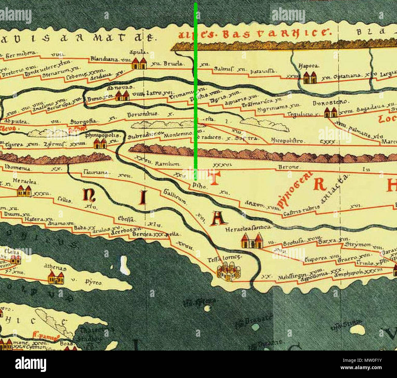 . Englisch: Ausschnitt aus Tabula Peutingeriana, 1-4 Jh. CE. Faksimile-ausgabe von conradi Millieri, 1887/1888; die grüne Linie auf der Karte zeigt die Tabula Peutingeriana Plätze in modernen Bulgarien; auf der Karte: Pizo; in modernen Bulgarien: Stadt Dimitrievo English: Ausschnitt aus der Tabula Peutingeriana; Orte und Stationen auf der Tabula Peutingeriana im heutigen Bulgarien; die grüne Linie auf der Karte zeigt: Pizo; im heutigen Bulgarien: Stadt Dimitriewo Български: Изрез от Места Пойтингеровата карта; на Пойтингеровата карта намиращи се в днешна линия на България; зелената картата показва: Pizo; в дне Stockfoto