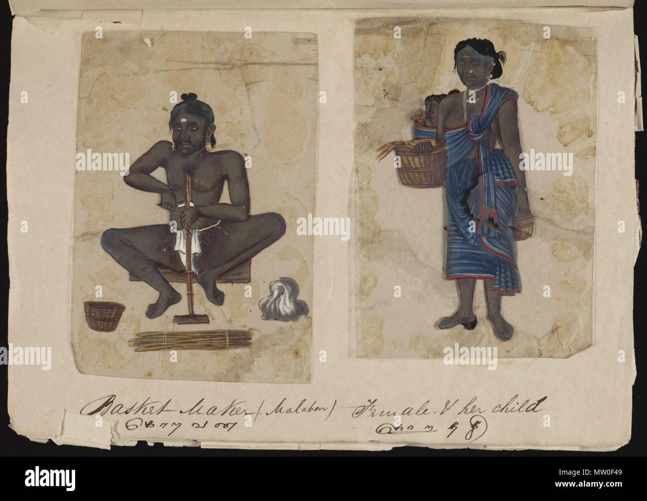 . Eine Seite aus dem Manuskript 70 - zwei Exemplare der Kasten in Indien, die besteht aus 72 full-color handgemalte Bilder von Männern und Frauen der verschiedenen Kasten und Religionen und ethnischen Gruppen in Madura, Indien zu dieser Zeit gefunden. Jede Zeichnung war auf Glimmer, ein transparentes, flockig Mineral, das teilt sich in dünnen, transparenten Platten. Wie auf der Seite Präsentation angegeben, das Album wurde von der Indischen schreiben Master an einer englischen Schule eingerichtet, die von den amerikanischen Missionaren in Madura zusammengestellt, und der Reverend William Twining. Das Manuskript zeigt indianische Kleidung und Schmuck Schmuck in der Stockfoto