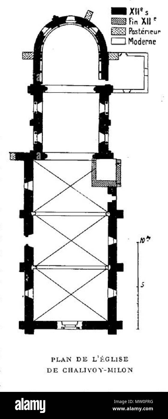 . Français: Plan de l'Église Saint-Éloi de Chalivoy-Milon, d'après Deshoulières, Congrès Archéologique de Bourges, 1931, avec Korrektur. 9. September 2011. Deshoulières 487 Plan Eglise Chalivoy-Milon Stockfoto