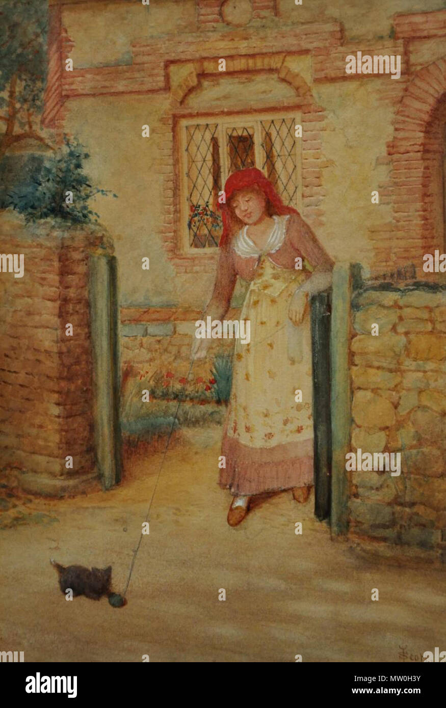 . Englisch: Spielen mit einem Kätzchen unterzeichnet Bas gauche Aquarell 21 cm x 31 cm. Vor 1919. John Scott (1850-1919) 488 Spielen mit einem Kätzchen Stockfoto