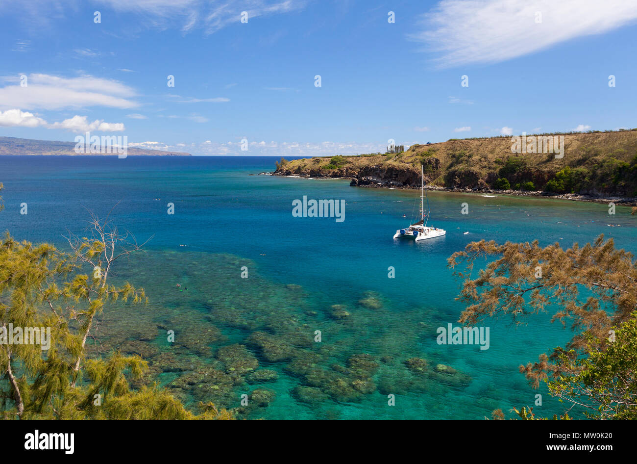 Katamaran auf Honolua Bay, Maui, Hawaii. Sommerzeit ist prime time Schnorcheln am Honolua. Stockfoto