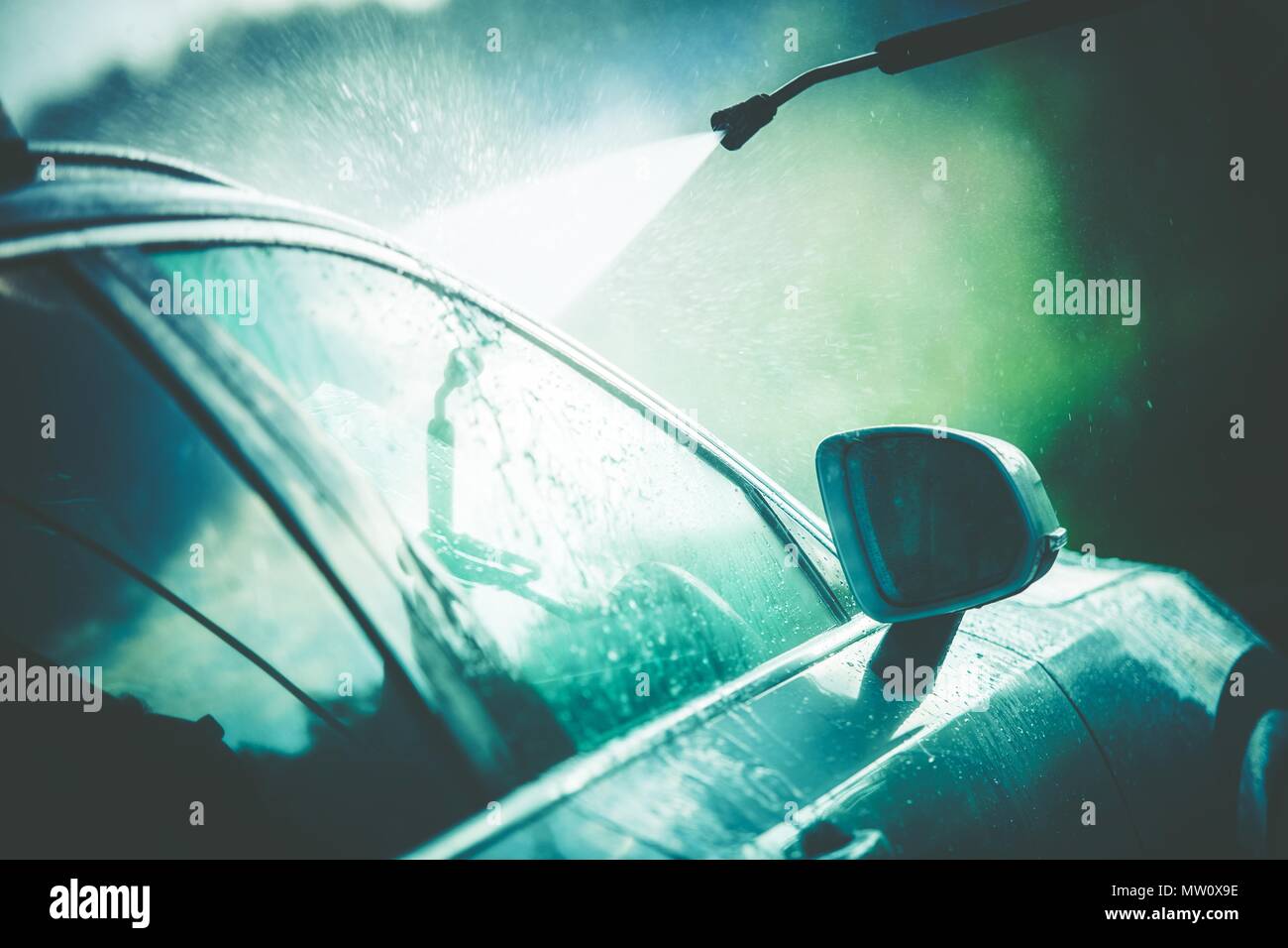 Fahrzeug Reinigung im Car Wash closeup Foto. Stockfoto