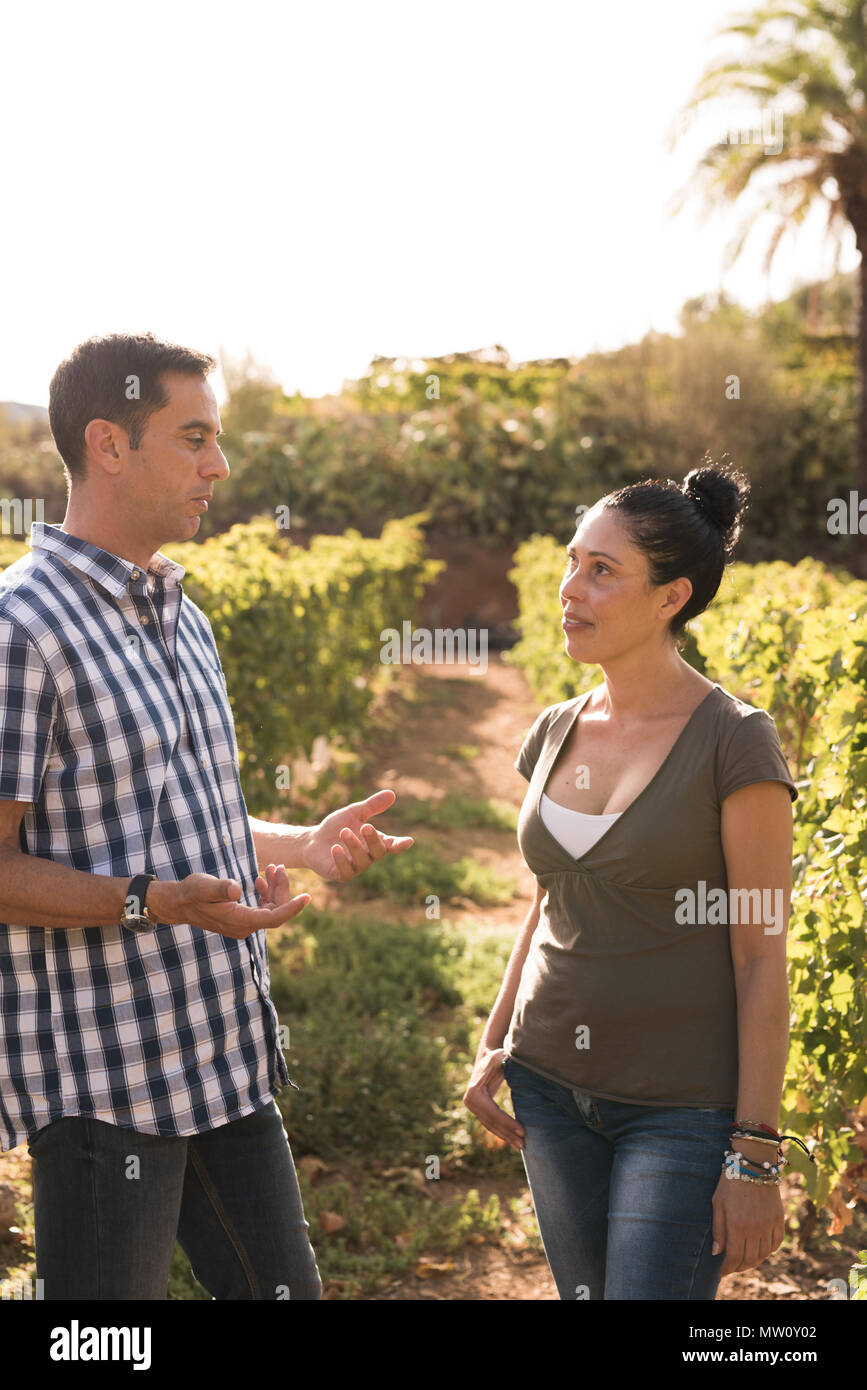 Braunhaarige Mann und Frau, die ein Gespräch in die Weinberge an einem sonnigen Tag, sowohl in Jeans und casual Tops Stockfoto