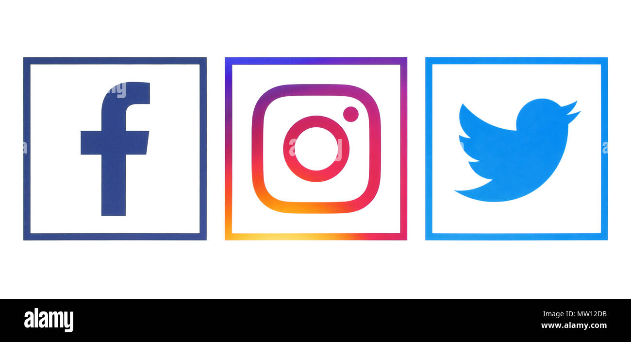 Kiew, Ukraine - 23. April 2018: Facebook, Twitter und Instagram Logos auf weißem Papier gedruckt Stockfoto