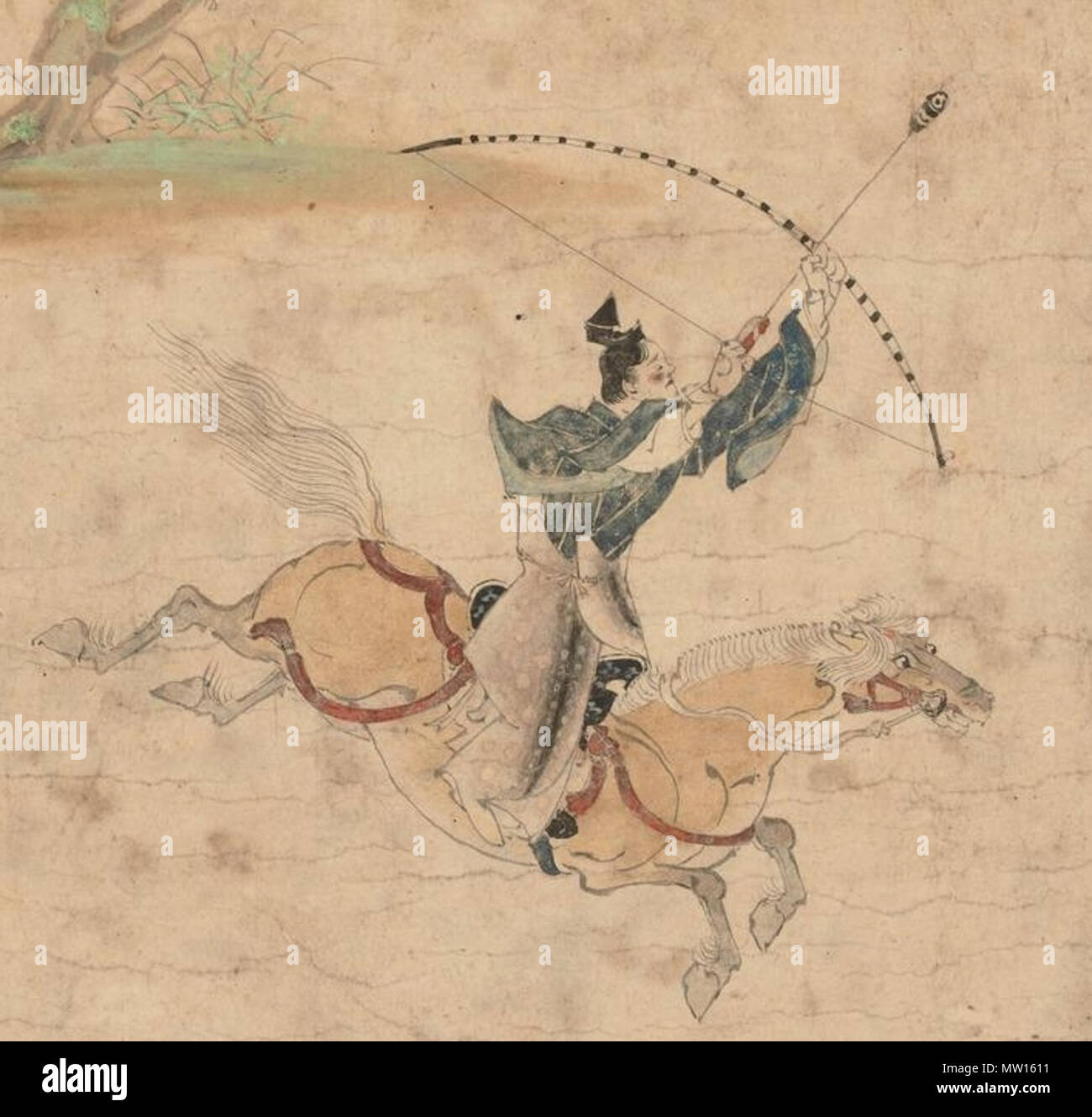 . Obusuma Saburō Emaki"/男衾三郎絵巻. Detail: Bogenschießen auf dem Pferd in der Ausbildung. 13. Jahrhundert (Kamakura Periode) 452 Obusuma Saburo Emaki" - Detail Bogenschießen 2 Stockfoto