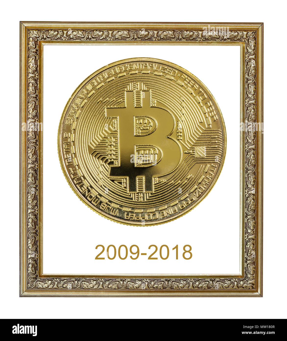 Vintage verzierten Rahmen mit symbolischen goldenen Münze von bitcoin crypto Währung, neue digitale Geld in cyber Welt, auf weißem Hintergrund Stockfoto
