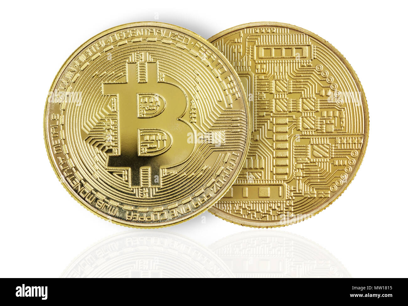 Vorder- und Rückseite der goldenen Medaille der bitcoin crypto Währung,  neue digitale Geld in cyber Welt, auf weißem Hintergrund Stockfotografie -  Alamy