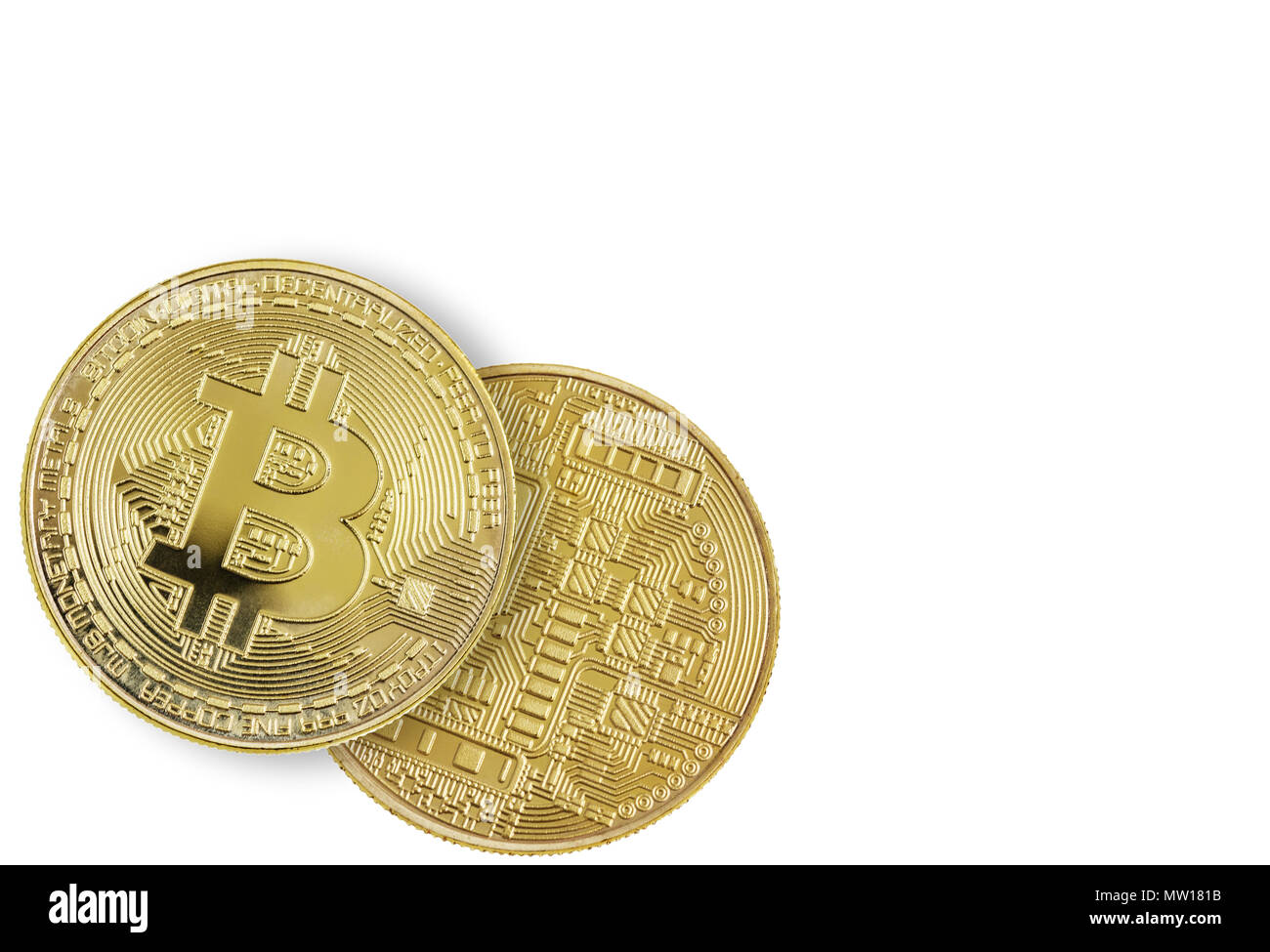 Vorder- und Rückseite der goldenen Medaille der bitcoin crypto Währung, neue digitale Geld in cyber Welt, auf weißem Hintergrund, mit copy-Raum Stockfoto