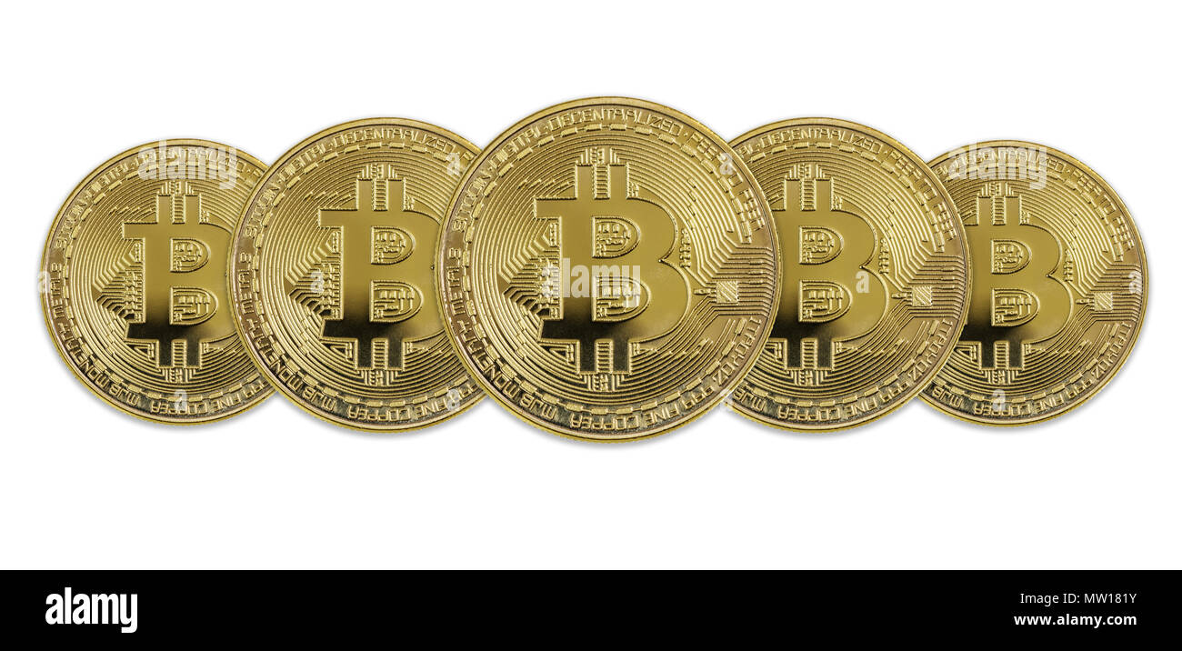 Mehrere symbolischen goldenen Münzen von bitcoin crypto Währung, neue digitale Geld in cyber Welt, auf weißem Hintergrund Stockfoto