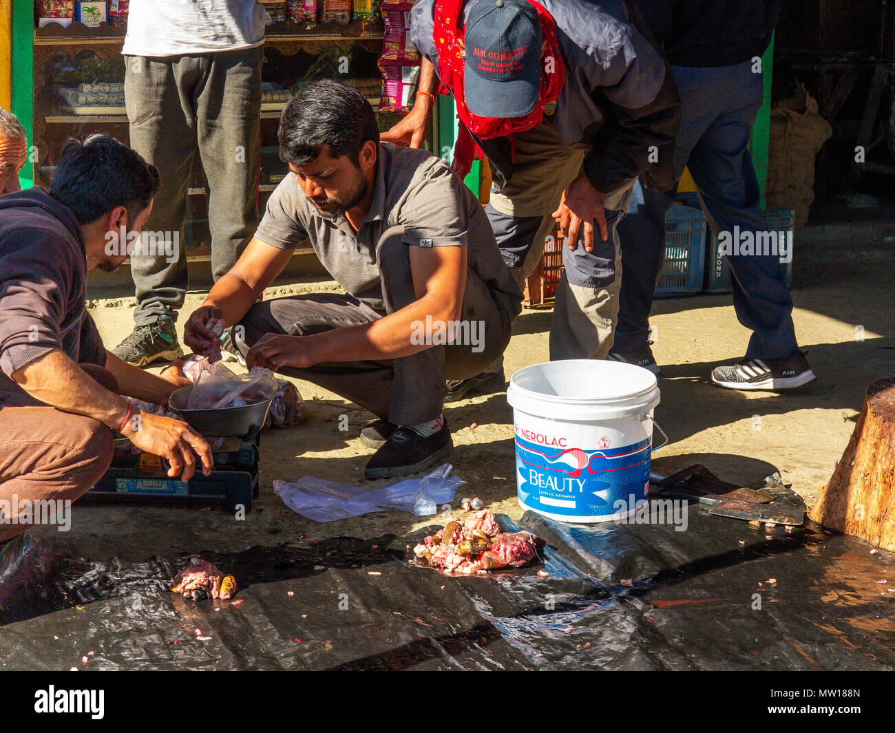 Fleisch Verkäufer auf den Straßen von Lamgara Dorf, Kumaon Hügel, Uttarakhand, Indien Stockfoto