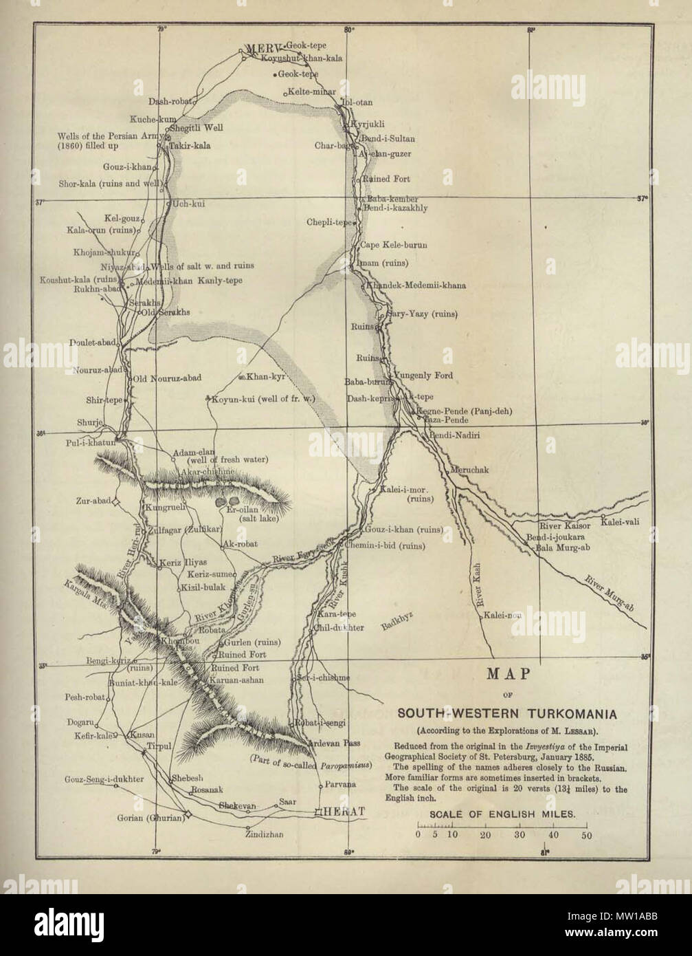 . Englisch: 'Map der South Western Turkomania' (jetzt Turkmenistan) aus dem Schottischen geographischen Zeitschrift. Von der Schottischen geographischen Gesellschaft veröffentlicht und von Arthur Silva Weiß bearbeitet werden. Band III, 1887. 1887. Unbekannt 582 Sw turkomania 1887 Stockfoto