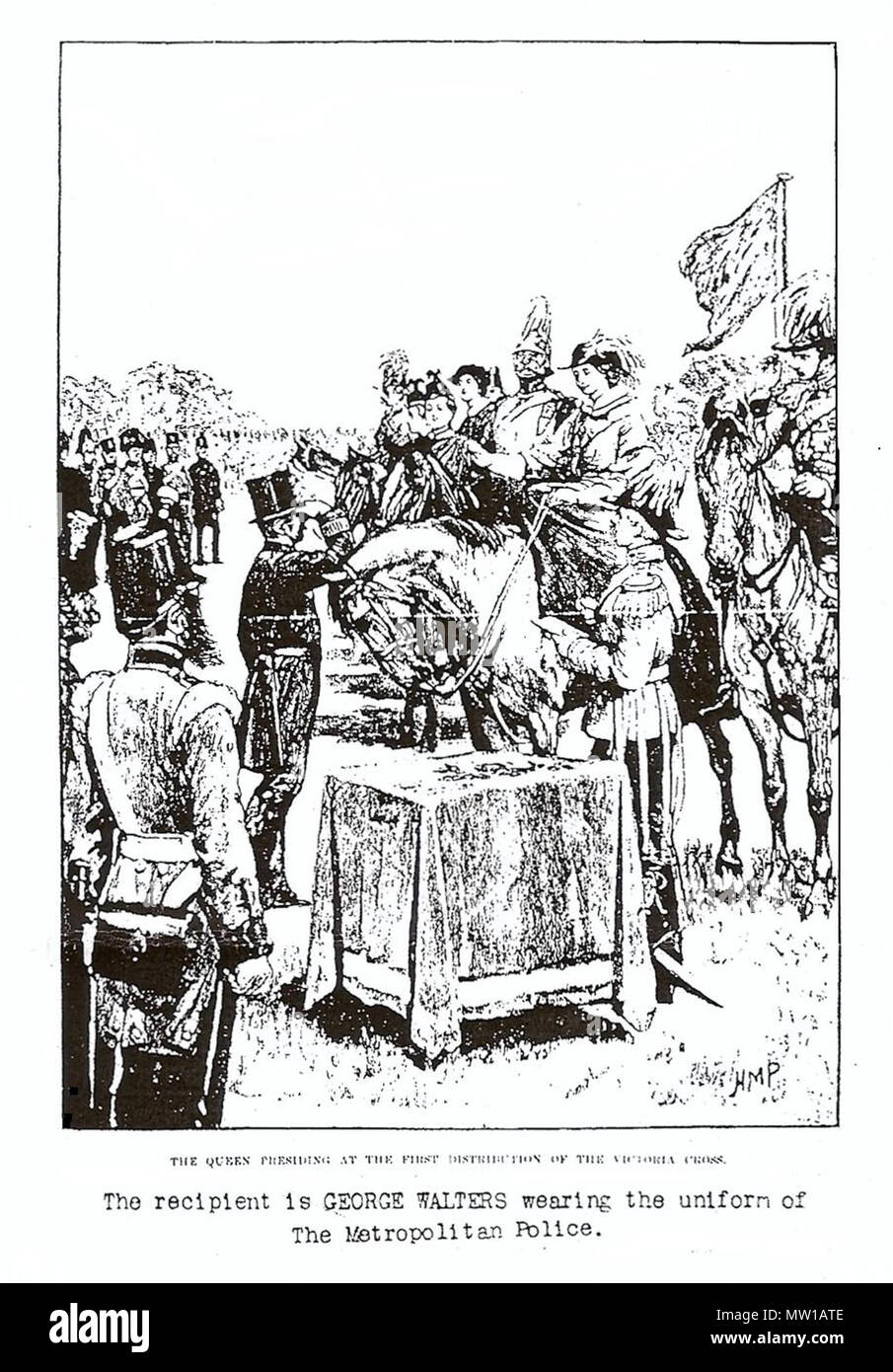 . Englisch: Zeichnung der Königin Victoris vergabe George Walters mit dem Victoria Cross am Hyde Park am 26. Juni 1857. 26. Juni 1857. Major (Ret) J H Peters MBE 508 Queen Victoria vergabe George Walters die VC Stockfoto