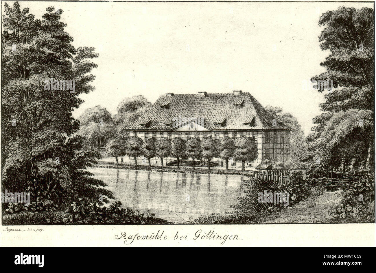 . English: Radierung "Rasemühle mit Rasespring in Tiefenbrunn bei Rosdorf-Mengershausen Ausflugslokal, damals, heute Teil des Asklepios Fachklinikums Tiefenbrunn. 1795/1800. Christian Andreas Besemann (1760-1818) 512 Rasemuehle, 01. Stockfoto