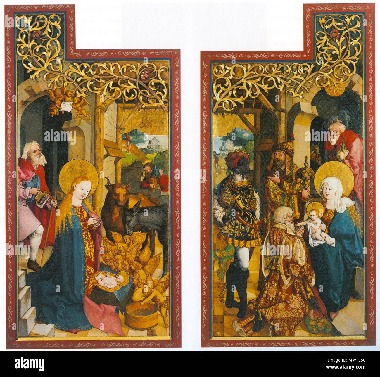 . Thalheimer Retabel Flügel, links innen: Geburt Christi Flügel, rechts innen: Anbetung der Könige. ca. 1518. Meister des Thalheimer Altäre, ehemals dem Meister von Meßkirch zugeschrieben 591 Thalheimer Retabel Innenfluegel Stockfoto