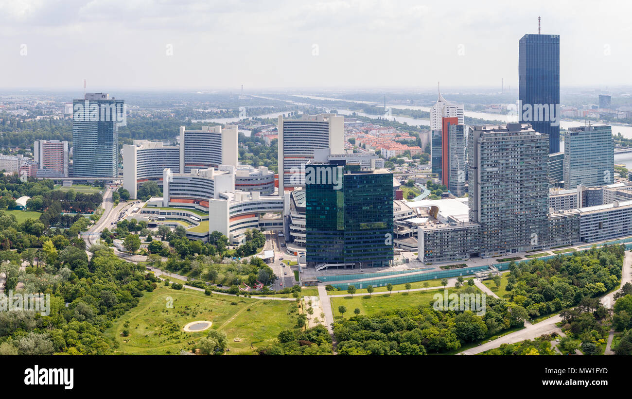 Panoramablick auf UNO-City in Wien, Österreich. Stockfoto