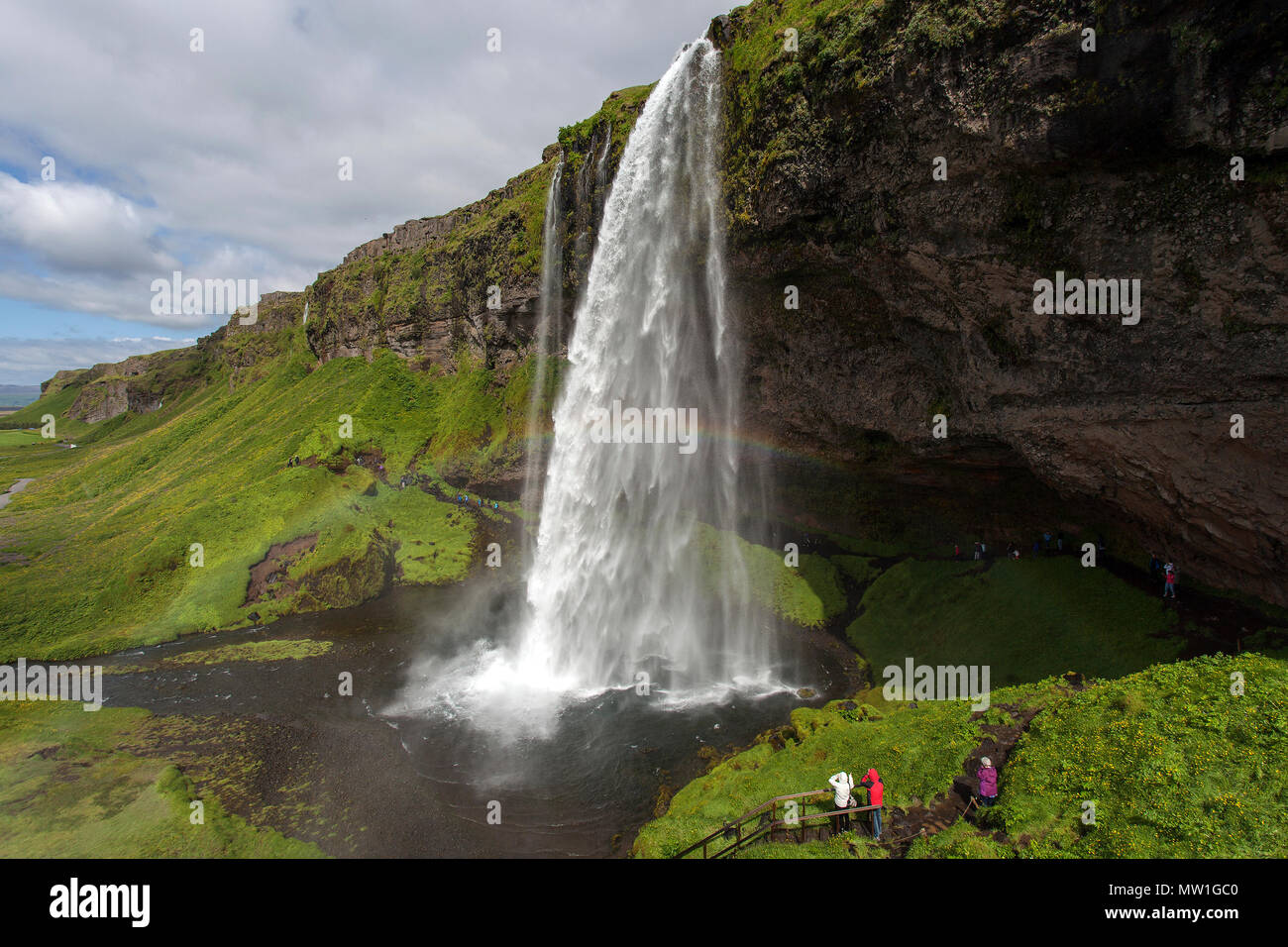 Der Wasserfall Seljalandsfoss, Seljalandsa River, South Island, Insel Stockfoto