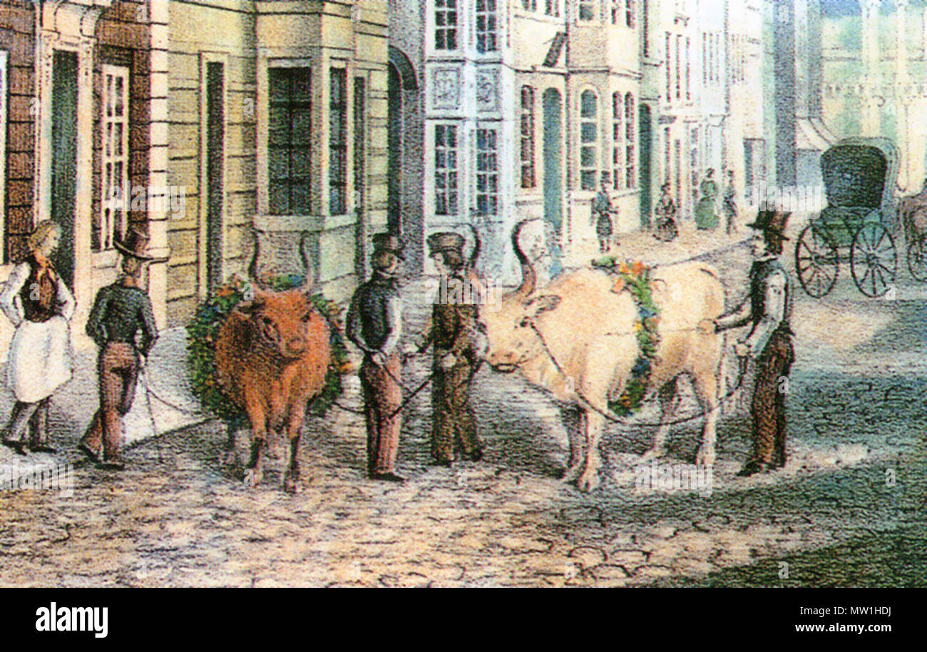 . Englisch: Lithografie von Friedrich Wilhelm Kohl zeigt die Klosterochsen ("Das Kloster Ochsen") in der Straße Obernstraße in Bremen, Deutschland, um 1845. English: Lithografie von Friedrich Wilhelm Kohl, sterben sterben Klosterochsen in der Obernstraße in Bremen um das Jahr 1845 zeigt. 1845. Friedrich Wilhelm Kohl (1811 - 1864) 342 Klosterochsenzug-Bremen 1845 Stockfoto