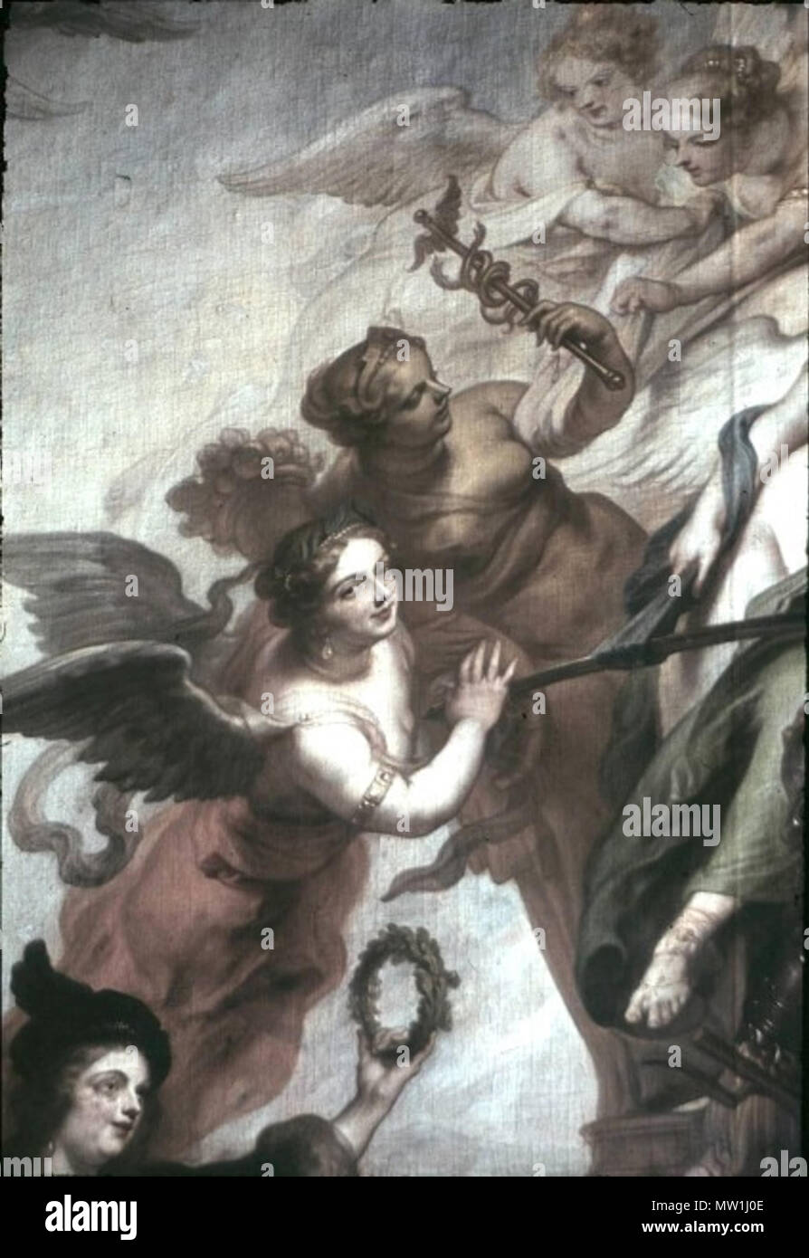 603 Theodoor van THULDEN (1606-1669), Allegorie auf den Frieden von Oliva, Grafik im Stadtschloss Potsdam (Marmorsaal), Ausschnitt Fliegende weibliche Allegorien links neben dem Kurfürsten Stockfoto