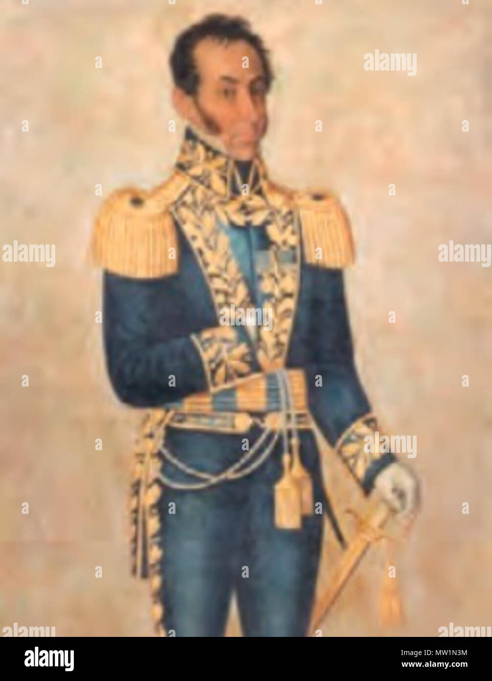 . Español: las mejores del retrato del General Vicente Aguirre, por Antonio Salas (1824). La pintura fue comisionada por Juan José Flores, entonces Jefe de los Ejércitos del Distrito del Sur de la Gran Colombia (Ecuador), Para decorar La Gran galería de su Quinta El Placer en la Ciudad de Quito. El Cuadro es Parte de una Serie de 12 lienzos que retratan ein los Héroes de la Independencia Ecuatoriana. 1824. Antonio Salas 630 Vicente Aguirre, por Antonio Salas - 1824 Stockfoto