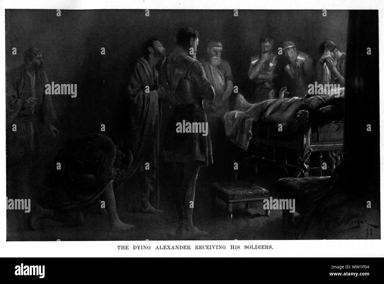 . Alexander alte Zeichnungen. Diese Datei fehlt, Informationen zum Autor. 594 Die sterbenden Alexander seine Soldaten empfangen von Andre Castaigne (1898-1899) Stockfoto