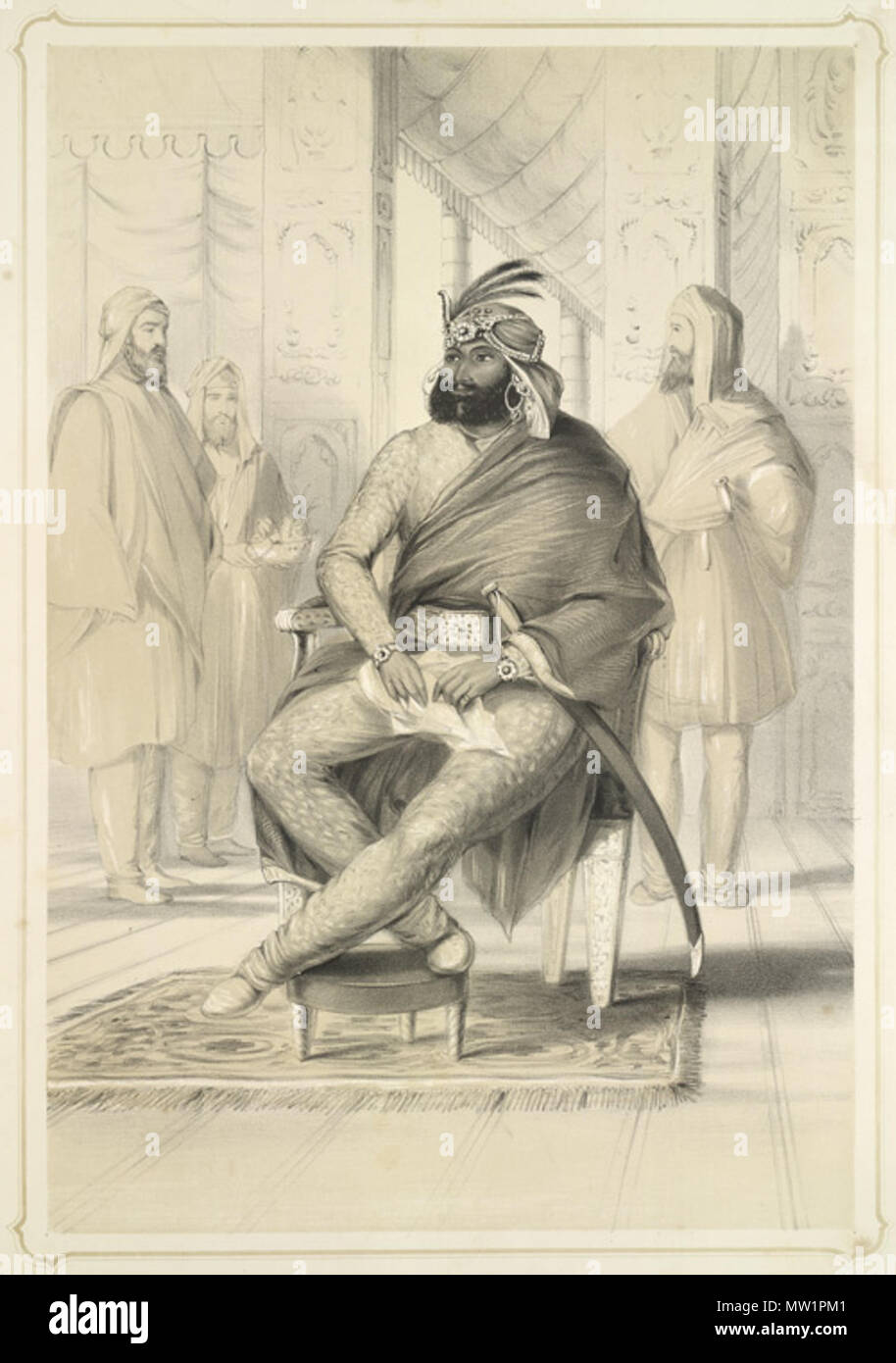 . Englisch: Artist: Eden, Emily Medium: Lithographie Datum: 1844 Diese Lithographie wurde von der Platte 2 von Emily Eden's 'Porträts der Fürsten und der Menschen in Indien". Ranjit Singh, der Sikh Herrscher, gestorben seit fast vier Jahrzehnten regierte und nicht einen Nachfolger benennen. Seine Söhne aus verschiedenen Frauen für Energie gemeinsam Jockeyed mit der Hindu und Sikh Dogras Adligen. Nach war viel Turbulenz Sher Singh thront. Eden schrieb: 'Maharaja Shere Singh (vorhanden Souverän der Sikhs) und Sohn des Runjeet kam zu früh 1841 Power." Sher Singh ehrenvoll in Kampagnen seines Vaters gedient hatte und gezeigt' Stockfoto