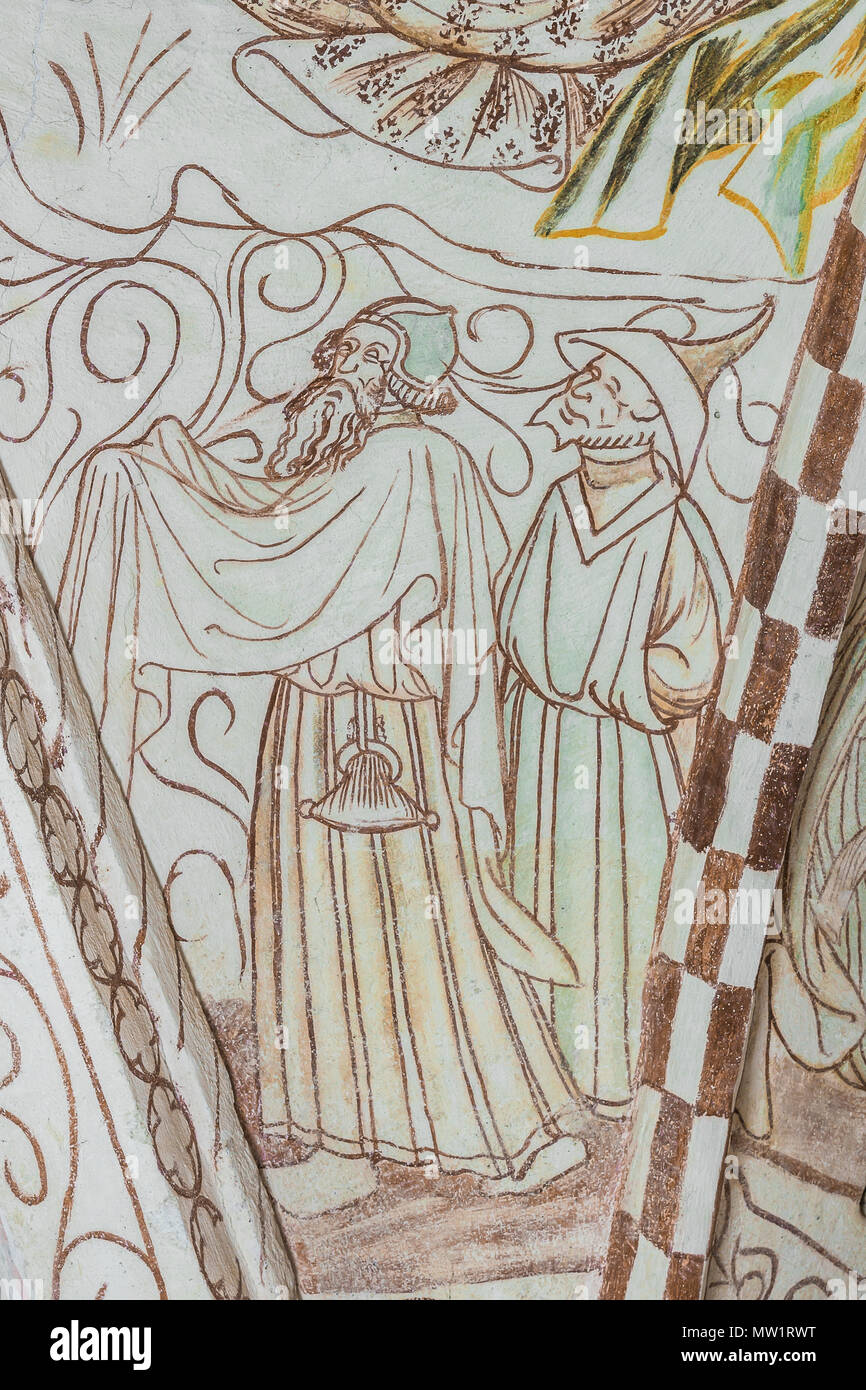 Der Priester Simeon, Joseph Warten auf die Beschneidung Jesu, einem mittelalterlichen, gotischen Wandmalerei in Bronnestad Kirche, Schweden, 11. Mai 2018 Stockfoto