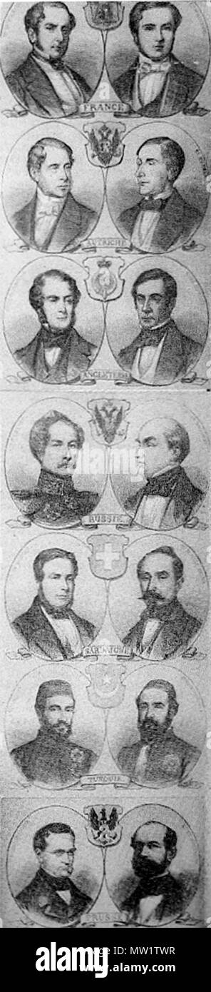 . Vertrag von Paris - die Teilnehmer: Frankreich (Frankreich), Autriche (Österreich, Habsburger), Angleterre (England, Vereinigtes Königreich), Russie (Russland, Russische Reich), Sardigne (Sardinien), Turquie (Türkei, Osmanisches Reich), Prusse (Preußen). 1856. Diese Datei fehlt, Informationen zum Autor. 614 Vertrag von Paris 1856 - 2 Stockfoto