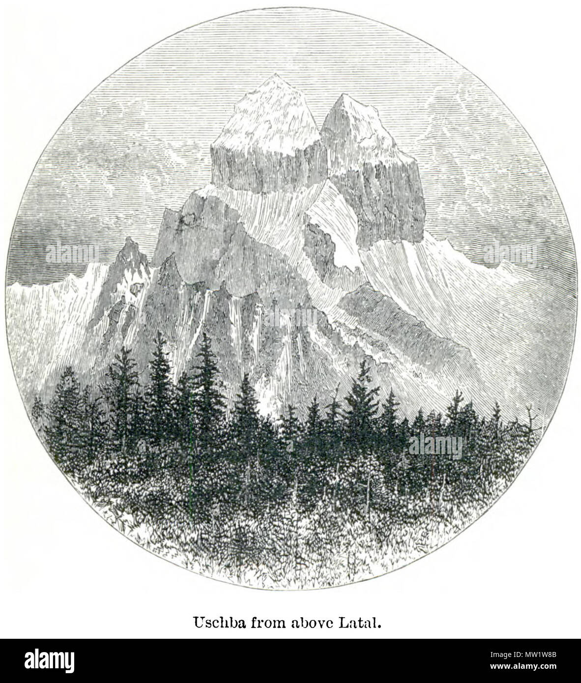 . Englisch: uschba von oben Latal reist im zentralen Kaukasus und Basan: einschließlich Besuch in Ararat und Tabreez und Anstiege von Kazbek und Elbruz. 1869. Douglas William Freshfield (1845-1934) 613 Reisen im zentralen Kaukasus und Bash S.329 Stockfoto