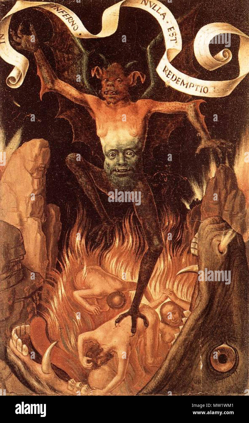 . Englisch: Dämon mit typischen mittleren Alters aus. Tier Beine, bat die Flügel und das Gesicht im Bauchbereich. 30. April 2015. Hans Memling 615 Triptychon von erdigen Eitelkeit und göttliche Heil (vorne) dritten Teil 1485 Stockfoto