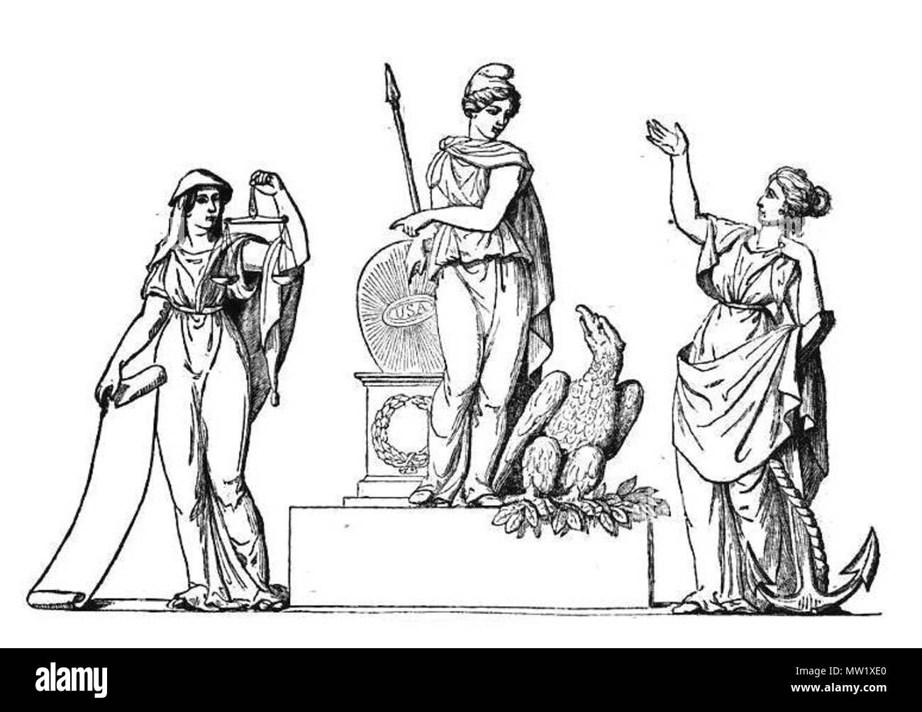 . "Allegorische Gruppe auf tympanun von Central East Portico.'. 1865. unbekannter Künstler (nach Persico-Konzept von John Quincy Adams) 618 Tympanon des Central East Portico Stockfoto