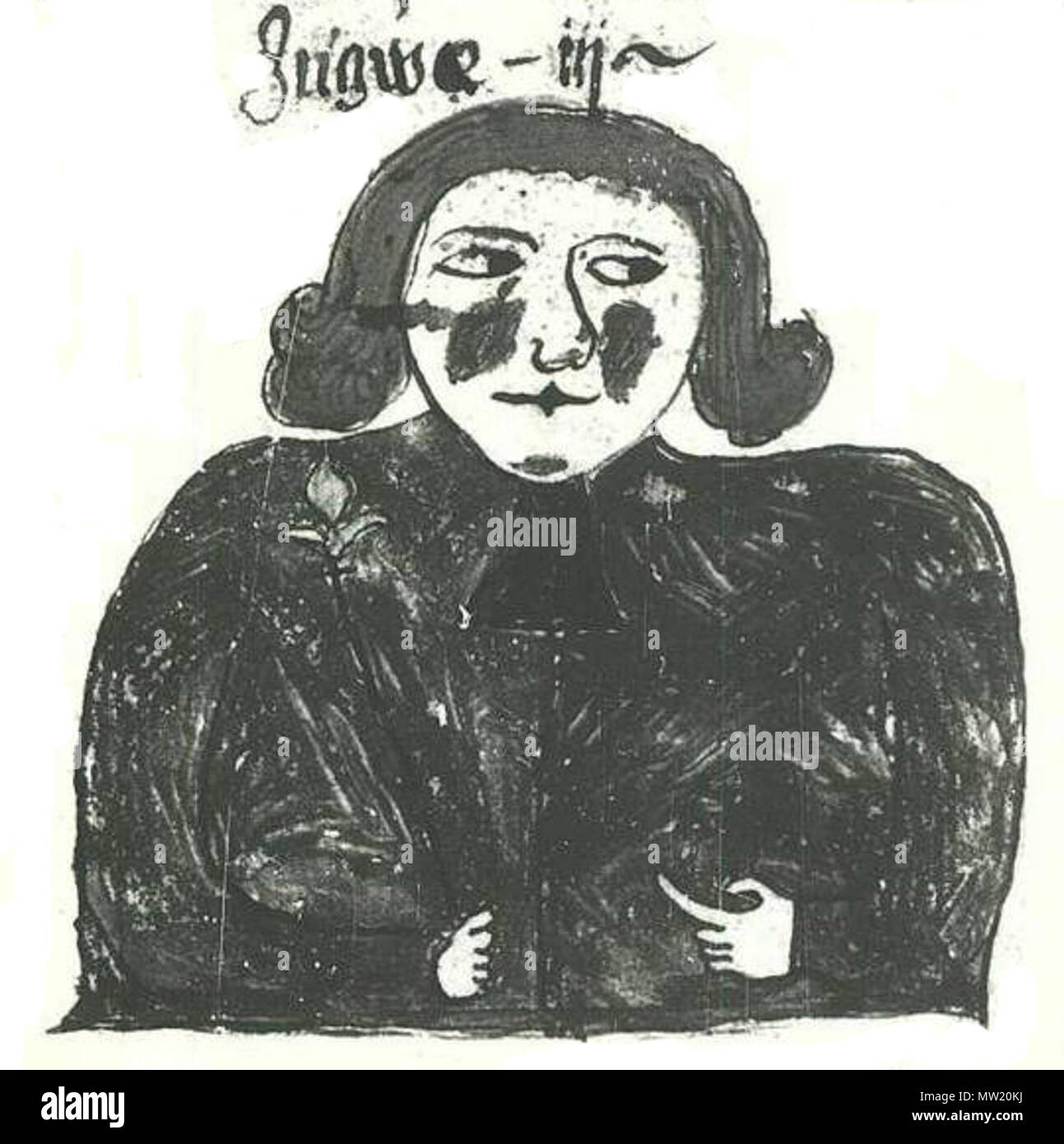 . Eine Illustration von Yngvi, Sohn des Odin, aus einer isländischen Handschrift aus dem 17. Jahrhundert. Der Scan eines Schwarz/Weiß-Fotografie. 1680 [1]. Unbekannt 41:00 738 4, 34 v, BW Yngvi Stockfoto